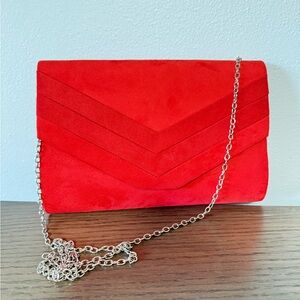 NWOT Elegant Red Faux Suede Clutch with Chain Strap